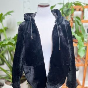 Sheepskin with real Fur Jacket Hooded Womens Bomber black Size M
